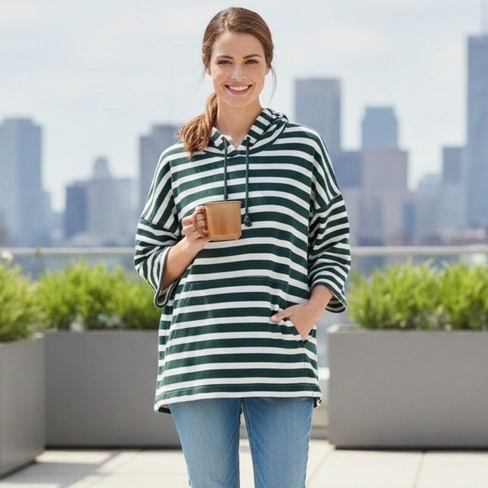 EXP Jeans Green White Stripe Hoodie Oversized‎ Drawstring Pocket - Size M